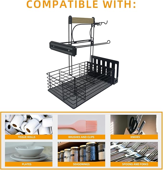 Grill Caddy,BBQ Condiment Organizer for Outdoor, Camping Tailgating Picnic Kitchen Storage Caddy Kitchen Organizer for Camper Magnetic Tool Holder with Paper Towel Holder with Handle Portable