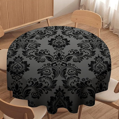 Gothic Black Damask Round Tablecloth, 50" Vintage Floral Exotic Bohemian Antique Victorian Water Resistant Table Cover for Farmhouse Party Holiday Kitchen Dinner Table