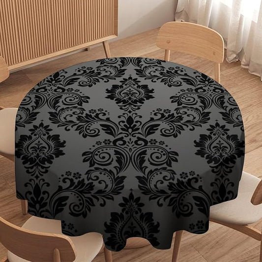 Gothic Black Damask Round Tablecloth, 50" Vintage Floral Exotic Bohemian Antique Victorian Water Resistant Table Cover for Farmhouse Party Holiday Kitchen Dinner Table