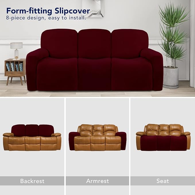 PureFit Super Stretch 3 Seats Recliner Sofa Couch Cover with Pocket | Non Slip Soft Sofa Slipcover, Washable Spandex Reclining Furniture Protector for Kids, Pets (Recliner Sofa, Wine)
