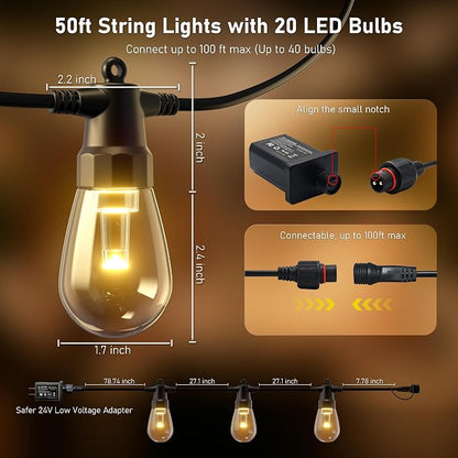 CAWWS Outdoor String Lights 50FT, Super Bright Warm White LED Patio Lights | 2700K Warm White, App & Remote Control, Dimmable, 20 Shatterproof LED Bulbs, IP67 Waterproof, Replaceable LED Chips