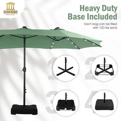 15ft Patio Umbrella with Solar lights & Base, Large Umbrellas, Mint | HERA'S PALACE Rectangle Double Market Umbrella with 36 LED Lights, Big Outdoor Umbrellas for Pool Picnic Inground Yard Deck