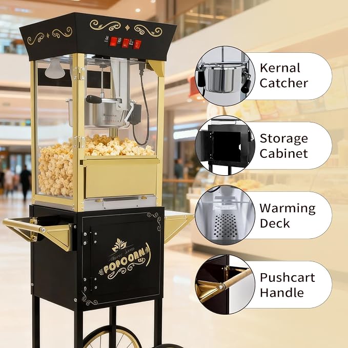 12 Oz Popcorn Machine with Cart, Vintage Movie Theater Style Professional Cart with 4 Cups & 1 Scoop, Pop Corn Popper for Home Theater, Parties, Events, Black