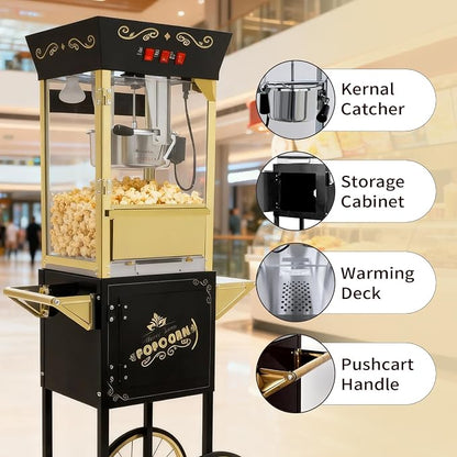 12 Oz Popcorn Machine with Cart, Vintage Movie Theater Style Professional Cart with 4 Cups & 1 Scoop, Pop Corn Popper for Home Theater, Parties, Events, Black
