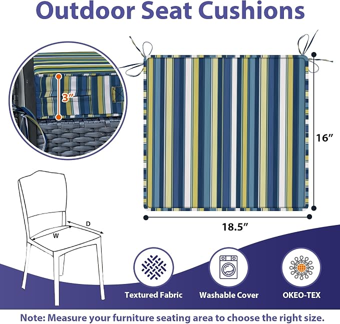 IPYNBAP Outdoor Chair Cushions Set of 4 -Waterproof Outdoor Seat Cushions for Patio Furniture, Patio Chair Cushion with Handle and Ties, Out Door Chair Pads,18.5x16x3-Square, Blue Stripe