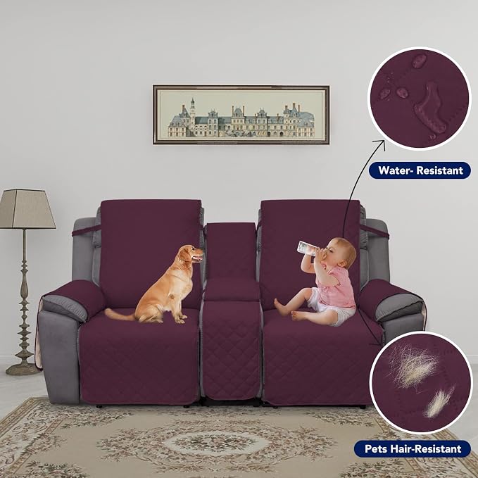 PureFit Water Resistant Reversible Loveseat Recliner Cover for Double | Double with Console, Non Slip Split Sofa Cover, Washable Reclining Cover, Wine/Beige
