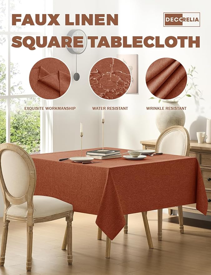 Decorelia Faux Linen Square Tablecloth for Dining Room,Waterproof Texture Decorative Farmhouse Table Cloth for Indoor Outdoor Party, Holiday, Banquet Picnics, Patio,70 x 70 Inch (Square),Burnt Orange