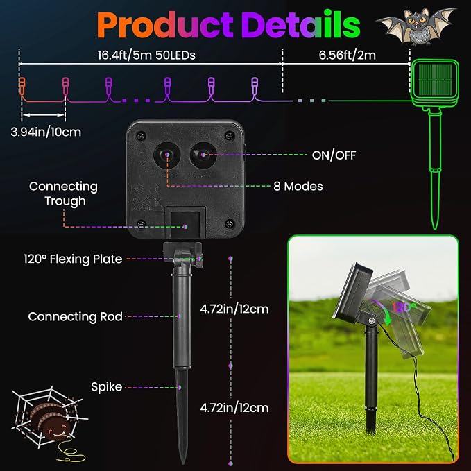 Halloween Lights Outdoor Solar String Lights Waterproof for Halloween Decorations, Total 100LED 45FT for Garden Yard Pathway Fence, Orange Purple Green 8 Modes 50LED x 2 Packs