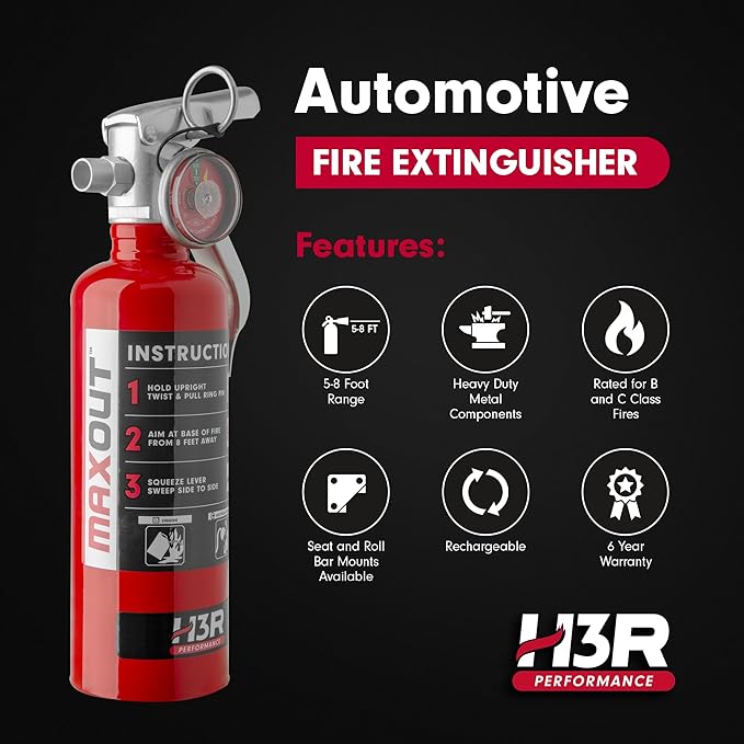 MaxOut Compact Fire Extinguisher for Vehicles – Cars, Trucks, UTVs, RVs & Boats | Off-Road Ready | Refillable Purple K Dry Chemical | Class BC | Mounting Bracket | UL Listed | Red 1.0 lb
