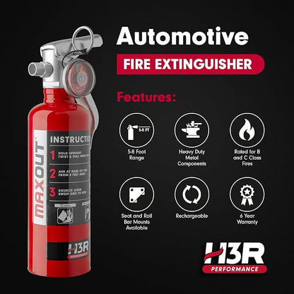 MaxOut Compact Fire Extinguisher for Vehicles – Cars, Trucks, UTVs, RVs & Boats | Off-Road Ready | Refillable Purple K Dry Chemical | Class BC | Mounting Bracket | UL Listed | Red 1.0 lb