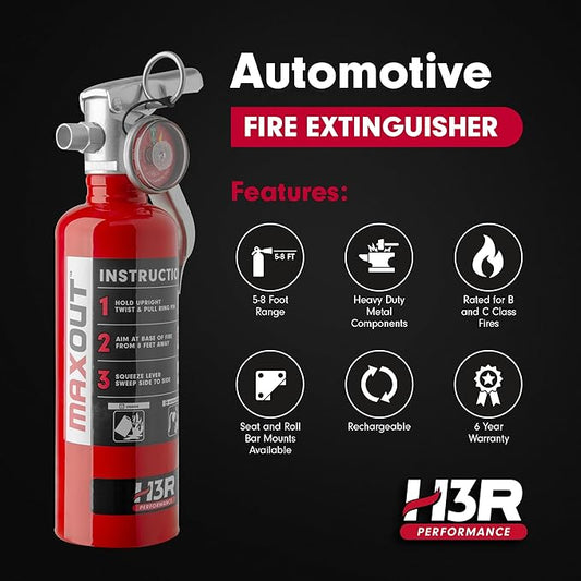 MaxOut Compact Fire Extinguisher for Vehicles – Cars, Trucks, UTVs, RVs & Boats | Off-Road Ready | Refillable Purple K Dry Chemical | Class BC | Mounting Bracket | UL Listed | Red 1.0 lb