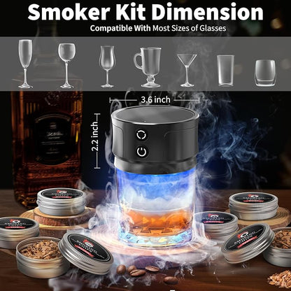 Electric Whiskey Smoker Kit with Lights: Cocktail Infuser with 6 Wood Chips for Whiskey Bourbon Lovers - Old Fashioned Drink Smoker Kits for Drink Mixing Home Bar Party - Gifts for Men Dad Husband