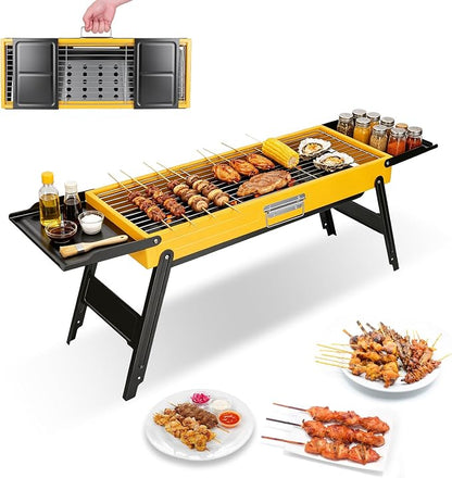 Portable Charcoal Grill, Stainless Steel Camping Tabletop BBQ Grill with Foldable Side Shelves, Compact Tabletop Barbecue with Carry Handle for Outdoor Picnic Backyard Beach Travel