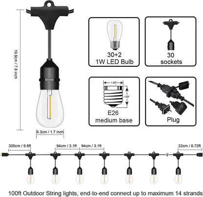 SUFEIMAS Outdoor String Lights Waterproof 100FT Commercial for Patio Market | Connectable Heavy Duty Outside Lighting IP65, 32 Dimmable Plastic Edison Bulbs For Backyard Bistro Garden Porch Fence Balcony