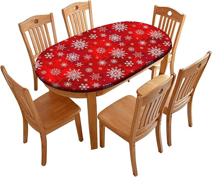Red Snowflake Oval Fitted Table Covers, Christmas Snowflake Polyester Elastic Edged Table Cloths, Wrinkle Resistant Tablecloth for Indoor Family Banquet and Outdoor Patio Use, Fits to 54x76 in Tables
