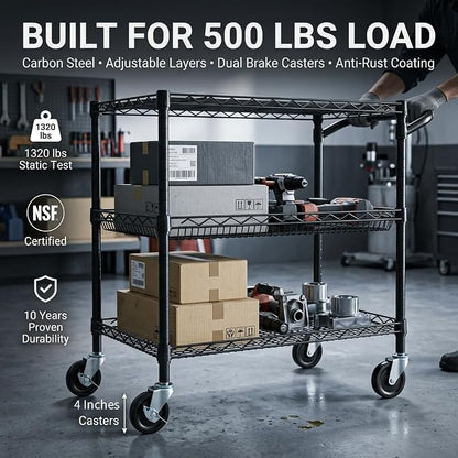 Finnhomy 3 Tier Heavy Duty Commercial Grade Utility Cart, Wire Rolling Cart with Handle Bar, Steel Service Cart with Wheels, Kitchen Carts on Wheels, Metal Cart Shelf Size 18" D x 36" W, NSF, Black