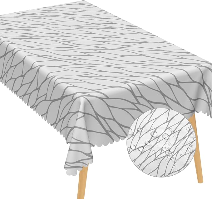 Gray and White Geometric Fabric Waterproof Tablecloth 60x84 Inch Abstract Irregular Stripes Tablecloths Dining Table Cloth Buffet Parties Patio and Camping Chic Decoration for Home Kitchen