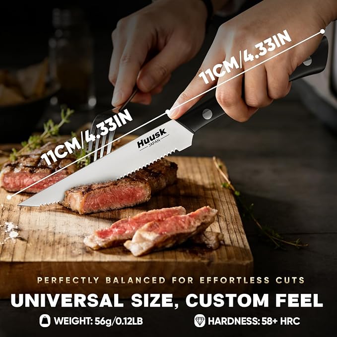 Huusk Steak Knives Set of 8, Sharp Serrated Steak Knives with Full Tang Handle, Japanese Stainless Steel Stake Knife Set for Dinner BBQ Kitchen with Gift Box, Birthday Gifts for Men Women