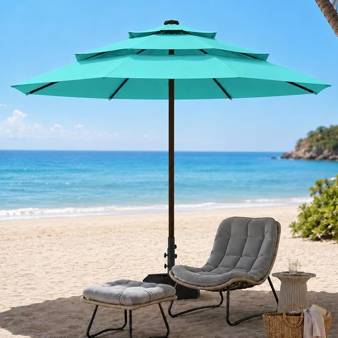 10ft Patio Umbrella, 3-Tier Vented Outdoor Table Umbrella with 8 Sturdy Fiberglass Ribs, Windproof Market Umbrella with Push Button Tilt and Crank, UV Protection for Deck, Pool, Aqua Blue