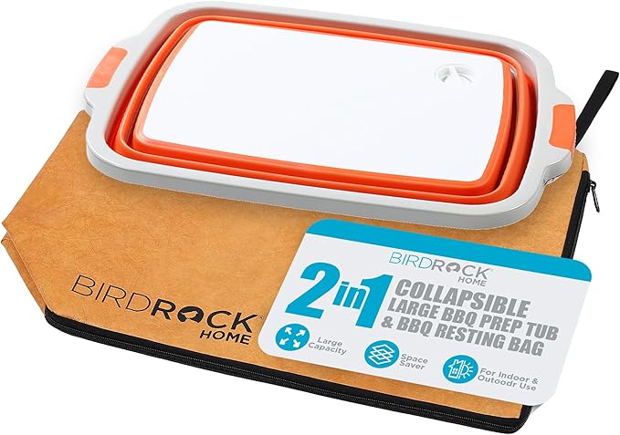 BIRDROCK HOME Collapsible Large BBQ Prep Tub & BBQ Resting Bag - Multi-Function Grill Caddy w/Colander & Lid, Portable Silicone Dish Bowl for Picnic, Tailgate, Camping - Orange & Brown