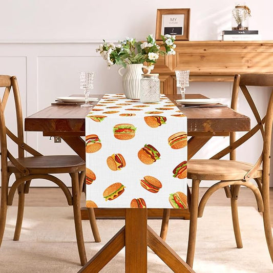 Hamburger Table Runner Burgers Themed Birthday Party Decoration Fast Food BBQ Dining Room Home Kitchen Table Decor，13" x 108"