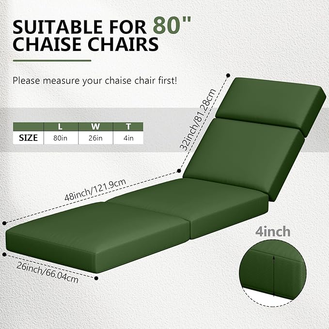 Chaise Lounge Cushions Outdoor, 80 x 26 x 4 Inch Lounge Chair Cushions for Outdoor Furniture - Waterproof Lounge Patio Replacement Cushion, 4In Fade-Resistant ThickPatio Chaise Lounge Cushion