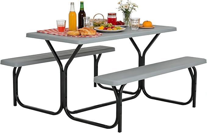 COSTWAY Outdoor Picnic Table, HDPE Plastic Picnic Table Bench Set | Weather Resistant Tabletop & Wood Texture, Ideal for Patio, Backyard (59" D x 54" W x 28.5" H,Grey)