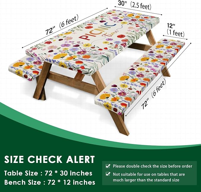 Picnic Table Cover with Bench Covers, Wildflower Boho, 72 Inch | 3PCS Camper fitted waterproof outdoor camping tablecloth essentials with elastic edges and drawstring bag
