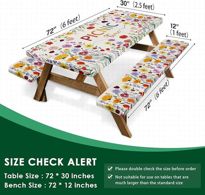 Picnic Table Cover with Bench Covers, Wildflower Boho, 72 Inch | 3PCS Camper fitted waterproof outdoor camping tablecloth essentials with elastic edges and drawstring bag