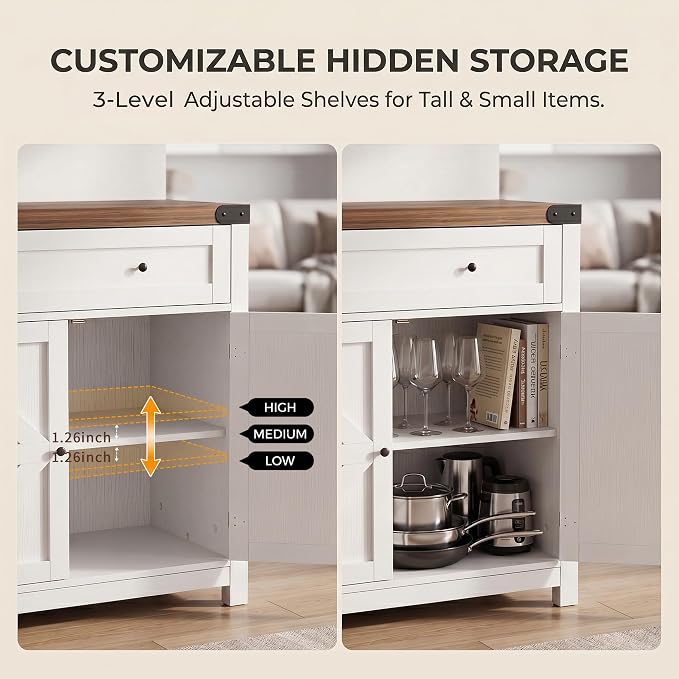 YESHOMY Coffee Bar and Accent Cabinet, Farmhouse Barn Door Buffet Sideboard with Drawer and Adjustable Shelf, Wide Desktop for Kitchen, Dining Room, Bathroom, Entryway, Rustic Brown White