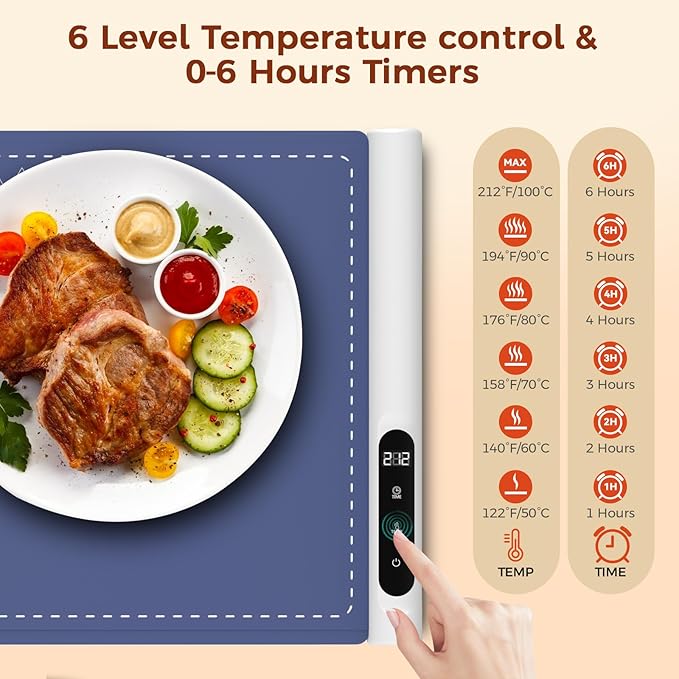 Newise Graphene Warming Mat for Food - Fast Full Surface Heating Electric Warming Tray, Portable Food Warmer for Parties Buffet with 6 Temperature and Timer Settings, Blue