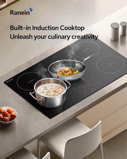 Ranein 30 Inch 5 Burner Induction Cooktop, Max 9200W 240V Durable Panel Built-in Electric Stove Top,with Child Safety Lock, Timer, Over-Temperature Protection