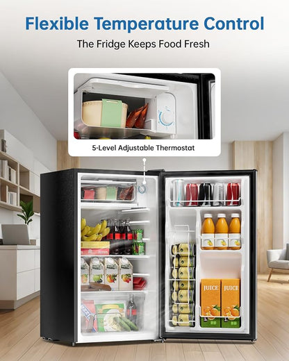 3.2 Cu Ft Mini Fridge with Freezer - Energy Efficient, Large Capacity Single Door Upright Freezer for Bedroom, Office & Dorm | Small Fridge, Reversible Door, ETL Certified(Silver)
