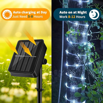 LairtPOW Solar Rope Lights, 39FT 100LEDs Outdoor Solar Strip Lights,IP65 Waterproof Outdoor Led Rope Lights with 8 Lighting Modes for Garden Yard Christmas Holiday Palm Tree Decoration (Cool White)