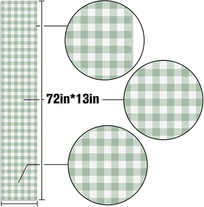 Sage Green Gingham Party Table Runner Green and White Checkered Plaid Decorations for Birthday Bridal Baby Shower Home Dining Kitchen Island Decor (13" x 72")