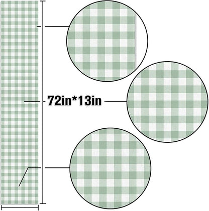 Sage Green Gingham Party Table Runner Green and White Checkered Plaid Decorations for Birthday Bridal Baby Shower Home Dining Kitchen Island Decor (13" x 72")