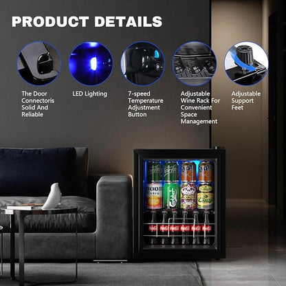 Wine Cooler Refrigerator Small Mini Fridge Freestanding Beverage Cooler, 75 Can Beverage Refrigerator with Adjustable Shelving Glass Door for Beer Soda or Wine Perfect Office Home or Bar Black