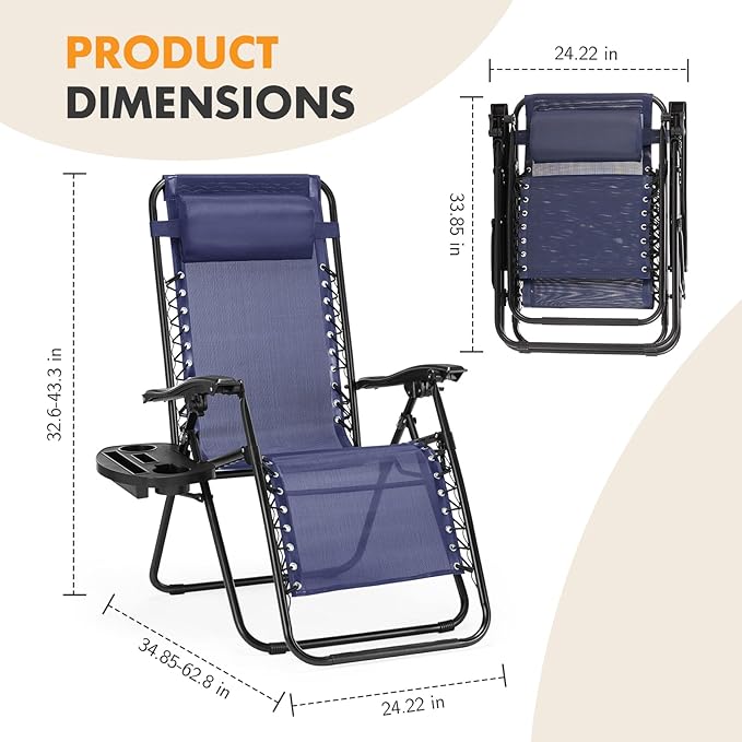 NEWBULIG Zero Gravity Chair Set of 2, Lounge Chair Folding Portable Adjustable Camping Reclining Chairs with Adjustable Pollow, Mesh Back, Cup Holder Trays Lawn Patio Chair for Pool Beach