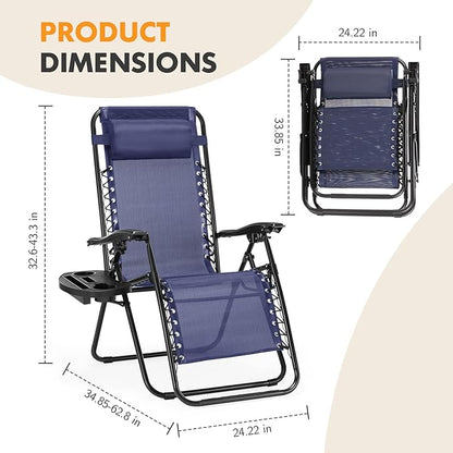 NEWBULIG Zero Gravity Chair Set of 4, Lounge Chair Folding Portable Adjustable Camping Reclining Chairs with Adjustable Pollow, Mesh Back, Cup Holder Trays Lawn Patio Chair for Pool Beach - Blue