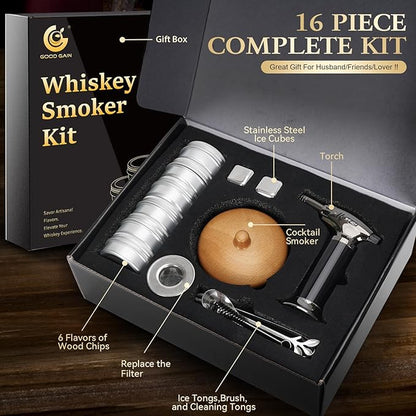G GOOD GAIN Whiskey Smoker Kit with Torch - Old Fashioned Cocktail Smoker Infuser Kit, 6 Flavors Wood Chips, 4 Ice Stone | Birthday Bourbon Whiskey Gifts for Men, Dad, Husband (No Butane)