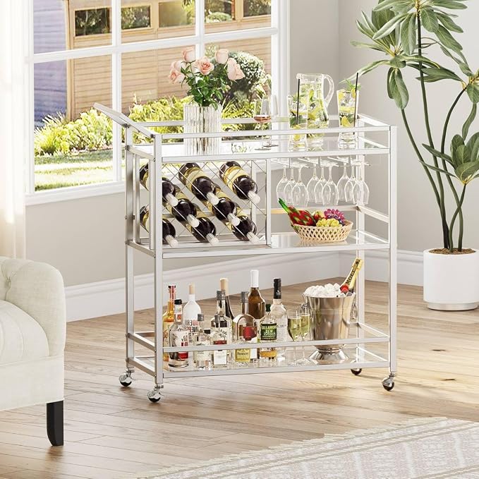 Bar Cart Silver, Bar Carts for The Home, Home Bar Serving Carts for Liquor, Rolling Wine Cart with 3 Tier Mirrored Shelves on Wheels for Alcohol and Beverage (Silver)