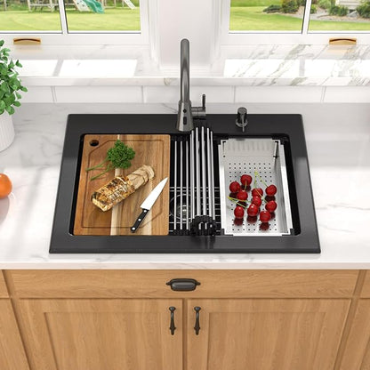 Granite Composite Kitchen Sink - 30 Inch Matte Black Granite Kitchen Sink Drop In Topmount Workstation Quartz Single Bowl Sinks All-In One, 30"x22" #TLGT-124