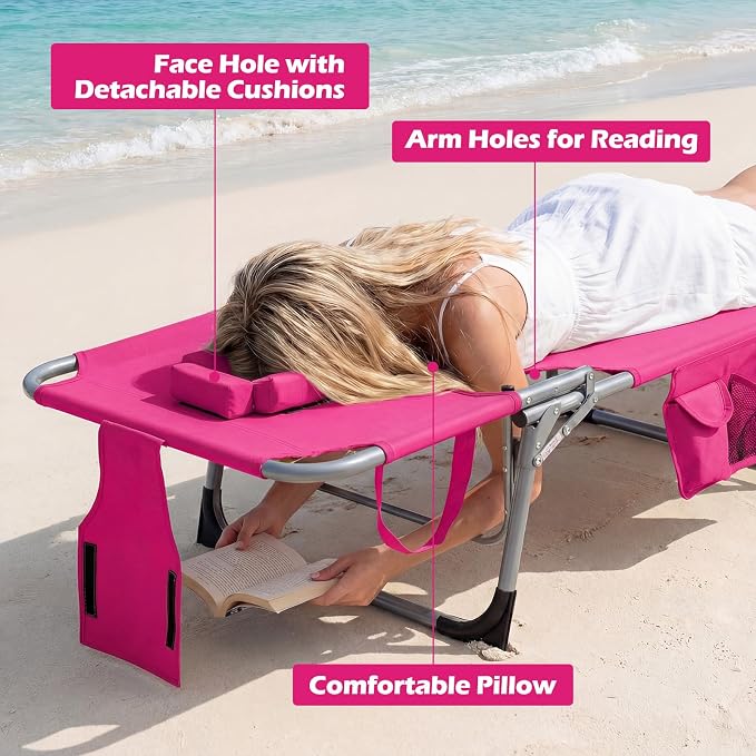 GYMAX Tanning Chair, Folding Lounger with Face/Arm Holes, Carry Handles & Side Pocket, Portable Lightweight Layout Beach Chair for Outdoor/Indoor, Face Down Sun Lounger (1, Pink)