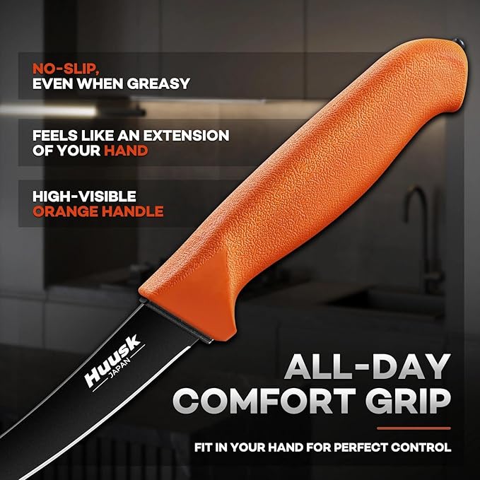 Huusk 5pcs Butcher Knife Set - Professional Meat Processing Kit with Non-Slip Orange Handle, German Stainless Steel Granton Butcher, Skinning, Curved Boning, Caping Knife with Roll Bag Gift for Men