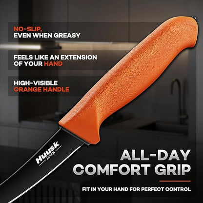 Huusk 5pcs Butcher Knife Set - Professional Meat Processing Kit with Non-Slip Orange Handle, German Stainless Steel Granton Butcher, Skinning, Curved Boning, Caping Knife with Roll Bag Gift for Men