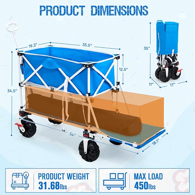 400L Collapsible Double Decker Beach Wagon with Brakes, Folding Beach Cart with 54" Extra Long Decker, 450LBS Heavy Duty Wagon Chart with All-Terrain Big Wheels for Sand Camping Garden