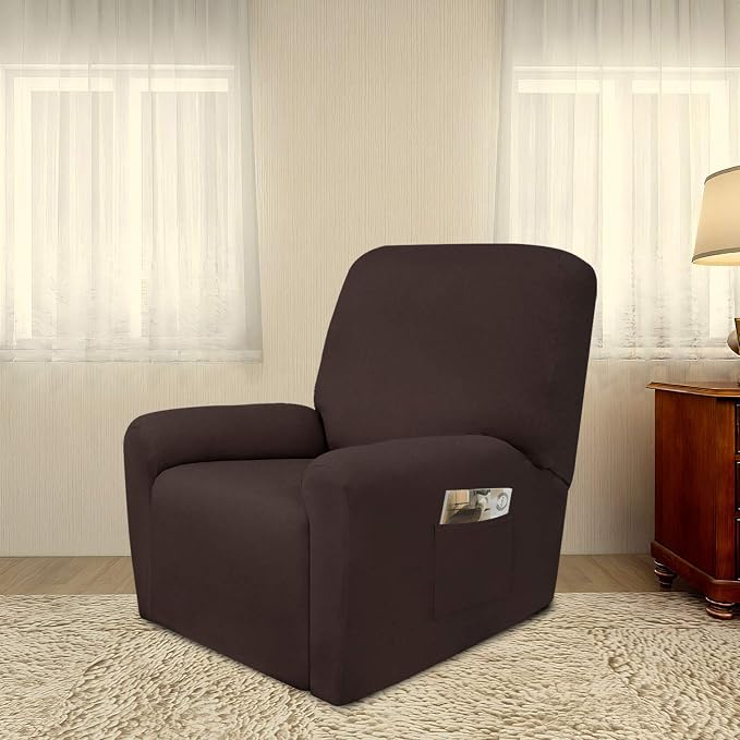 PureFit Stretc Recliner Chair Covers Fleece Soft Couch Covers for Sofa | Chocolate 4-Pieces Recliner Slipcover Pocket Couch Protector, Fleece Sofa Cover Washable with Non Slip Elastic Bottom