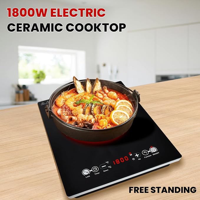 Electric Cooktop 110V, Single Burner Plug in Portable Induction Cooktop, Countertop Ceramic Stove Top with Power Levels and Overheat Protection, Child Safety Lock, Timer, 1800W