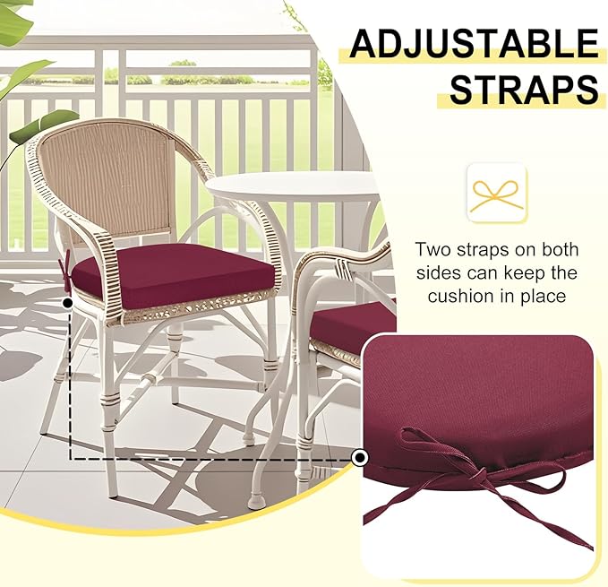 downluxe Outdoor Chair Cushions Set of 2 for Patio Furniture, Water-Resistant Patio Chair Cushions with Ties, High Density Foam Outdoor Seat Cushion, 17" X 16" X 2", Burgundy