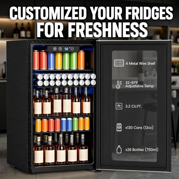 COWSAR 3.2 Cu. Ft. Beverage Refrigerator, Up to 130 Cans or 26 Bottles | Electronic controls with an LED display adjust cooling from 32–61°F, while the glass door keeps drinks easy to view.